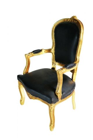 Quality gilded Armchair in Louis XV Style and faux black leather 4