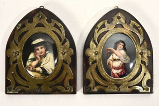 Pair Antique German Paintings On Porcelain Peasant Beauties In Brass Wood Frames