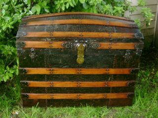 Antique Dome Top Victorian Trunk Chest Oak Slat 2