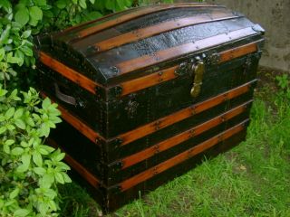 Antique Dome Top Victorian Trunk Chest Oak Slat 3