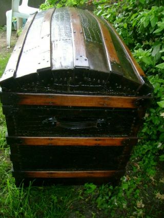 Antique Dome Top Victorian Trunk Chest Oak Slat 6