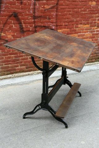 1920s Hamilton Cast Iron Leg Drafting Table,  Desk,  Air Force US Army Brass Tag 12