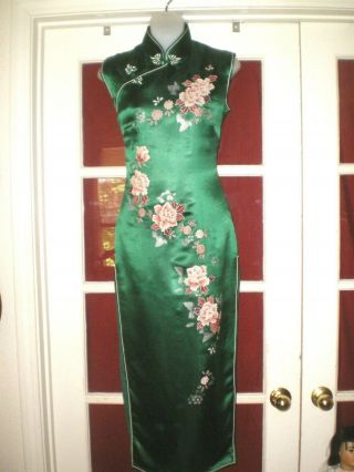 Old Chinese Embroidered Forbidden Stitch Green Silk Cheongsam Dress Sz L
