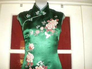 Old Chinese Embroidered Forbidden Stitch Green Silk Cheongsam Dress sz L 2