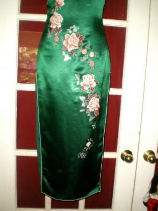 Old Chinese Embroidered Forbidden Stitch Green Silk Cheongsam Dress sz L 3