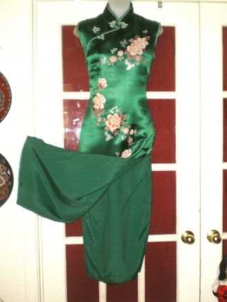 Old Chinese Embroidered Forbidden Stitch Green Silk Cheongsam Dress sz L 4