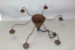 A RARE 18TH C AMERICAN WROUGHT IRON SIX CANDLE HANGING CHANDELIER IN OLD SURFACE 12