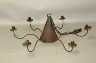 A Rare 18th C American Wrought Iron Six Candle Hanging Chandelier In Old Surface