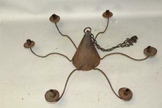 A RARE 18TH C AMERICAN WROUGHT IRON SIX CANDLE HANGING CHANDELIER IN OLD SURFACE 2