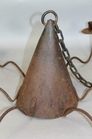A RARE 18TH C AMERICAN WROUGHT IRON SIX CANDLE HANGING CHANDELIER IN OLD SURFACE 3