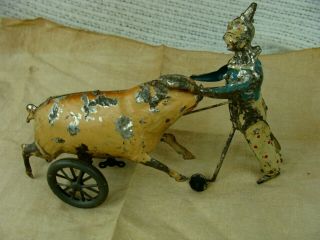 RARE ANTIQUE GUNTERMANN WIND UP TIN TOY CLOWN PULLING PIG EARLY HAND PAINTED 5