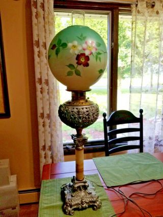 Antique Tall 31 " Banquet Parlor Oil Lamp Marble Pillar Cherubs Electric Gwtw Glb