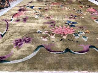 Auth: 30 ' S Antique Art Deco Chinese Rug Lustrous Green Nichols 9x12 Beauty NR 3