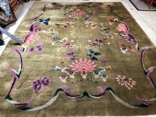 Auth: 30 ' S Antique Art Deco Chinese Rug Lustrous Green Nichols 9x12 Beauty NR 8