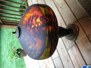 Antique Reverse Painted Lamp Glass Shade Pittsburgh Landscape Base