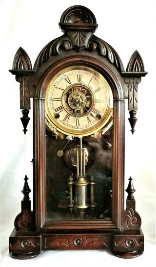 Mantle Clock,  Ansonia Clock Co,  Walnut,  Moderne Gothic,  Victorian,  C1880,  18.  5 " T