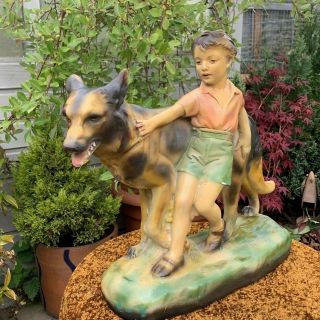 Vintage Art Deco Chalkware Plaster Boy And Dog Alsatian Figurine Sculpture