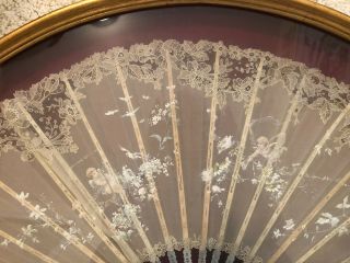 Antique Women ' s Hand Painted Lace Fan In Gold Frame 2