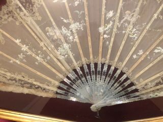 Antique Women ' s Hand Painted Lace Fan In Gold Frame 3