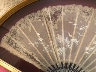 Antique Women ' s Hand Painted Lace Fan In Gold Frame 6
