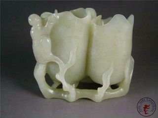 Old Chinese Celadon Nephrite Jade Carv Brush Pot Style Statue Flower & Fairy Boy