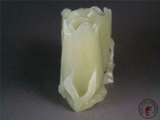 Old Chinese Celadon Nephrite Jade Carv Brush Pot Style Statue FLOWER & FAIRY BOY 2