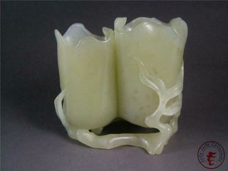 Old Chinese Celadon Nephrite Jade Carv Brush Pot Style Statue FLOWER & FAIRY BOY 3