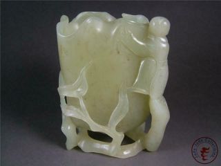 Old Chinese Celadon Nephrite Jade Carv Brush Pot Style Statue FLOWER & FAIRY BOY 4