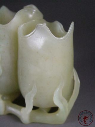 Old Chinese Celadon Nephrite Jade Carv Brush Pot Style Statue FLOWER & FAIRY BOY 5