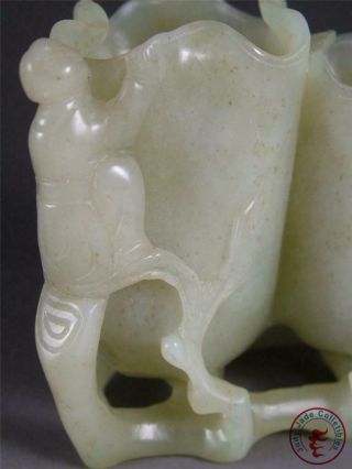 Old Chinese Celadon Nephrite Jade Carv Brush Pot Style Statue FLOWER & FAIRY BOY 6