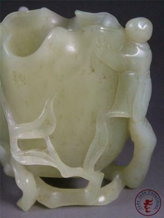 Old Chinese Celadon Nephrite Jade Carv Brush Pot Style Statue FLOWER & FAIRY BOY 7