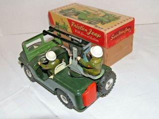 Rare AHI Friction Jeep Swivel Army Anti - Aircraft Vintage Japan Tin Toy Car,  box 10