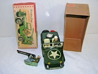 Rare AHI Friction Jeep Swivel Army Anti - Aircraft Vintage Japan Tin Toy Car,  box 12