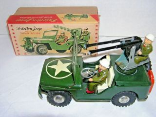 Rare Ahi Friction Jeep Swivel Army Anti - Aircraft Vintage Japan Tin Toy Car,  Box