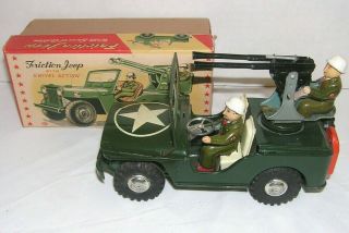 Rare AHI Friction Jeep Swivel Army Anti - Aircraft Vintage Japan Tin Toy Car,  box 2