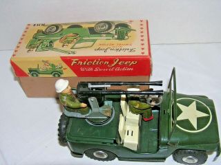 Rare AHI Friction Jeep Swivel Army Anti - Aircraft Vintage Japan Tin Toy Car,  box 3