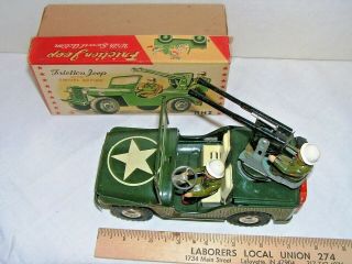 Rare AHI Friction Jeep Swivel Army Anti - Aircraft Vintage Japan Tin Toy Car,  box 4