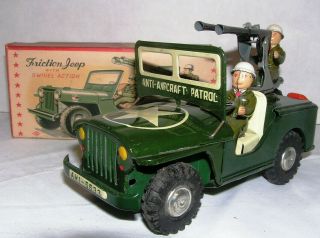 Rare AHI Friction Jeep Swivel Army Anti - Aircraft Vintage Japan Tin Toy Car,  box 5