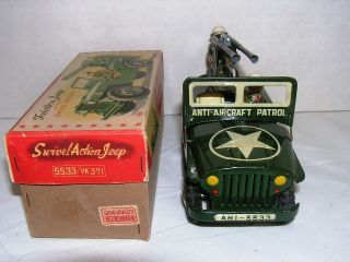 Rare AHI Friction Jeep Swivel Army Anti - Aircraft Vintage Japan Tin Toy Car,  box 6