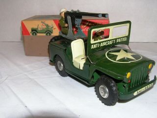 Rare AHI Friction Jeep Swivel Army Anti - Aircraft Vintage Japan Tin Toy Car,  box 7