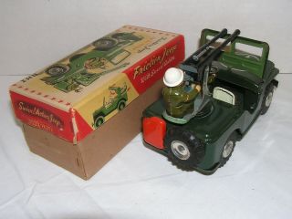 Rare AHI Friction Jeep Swivel Army Anti - Aircraft Vintage Japan Tin Toy Car,  box 8