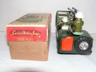 Rare AHI Friction Jeep Swivel Army Anti - Aircraft Vintage Japan Tin Toy Car,  box 9