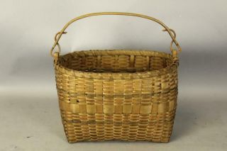 Very Unusual 19th C Swing Handle Basket Red & Blue Splints In Surface