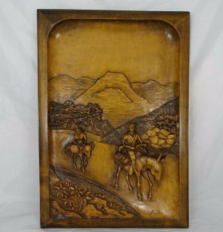 French Black Forest Carved Wood Wall Panel Frame Picture - Mountain Signed