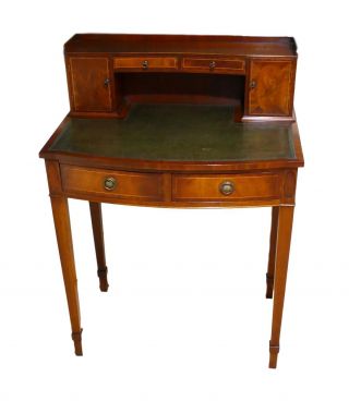 Fine English Mahogany Small Writing Desk Table With Leather Top & Inlaid Banding