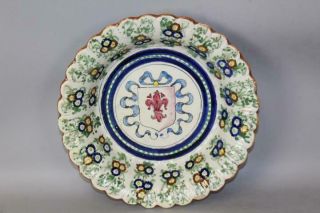 Rare 18th C Tin Glaze Faience Armorial Coat Of Arms Crest Decorated Charger