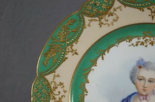 19th Century Sevres Style Hand Painted Mme de Mouchy Portrait Raised Gold Plate 10