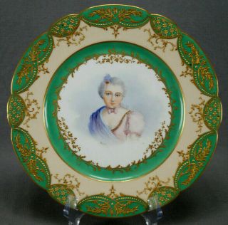 19th Century Sevres Style Hand Painted Mme De Mouchy Portrait Raised Gold Plate