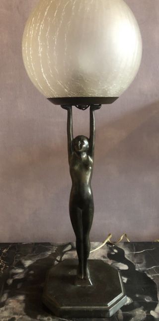 Art Deco Lady Lamp/ Light With Crackle Glass Shade C1931