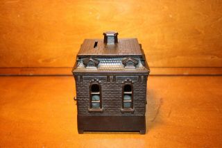 Orig.  Cast Iron DOG ON TURNTABLE Mechanical Building Bank by H.  L.  Judd C 1895 3